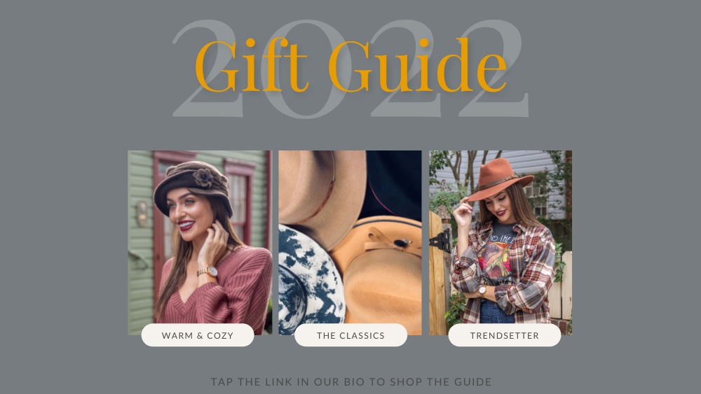 2022 Holiday Gift Guide featuring two women in hats and a pile of hats