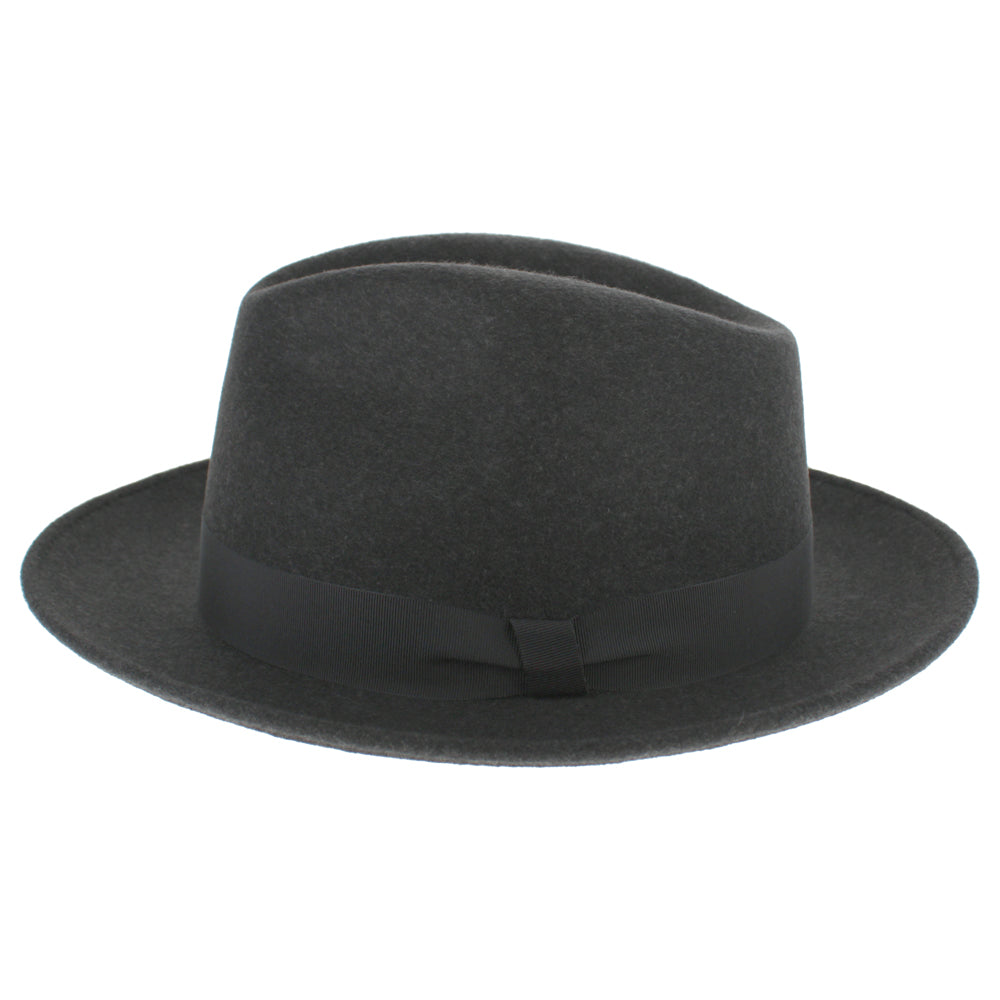 Grey merino wool fedora with wide band and raised teardrop crown, ideal for all-weather style