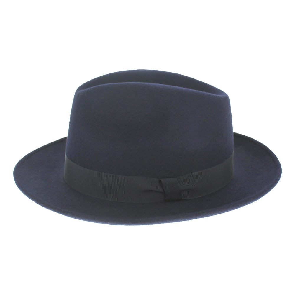 Navy wool felt fedora with wide band and high teardrop crown, breathable and stylish for warm days