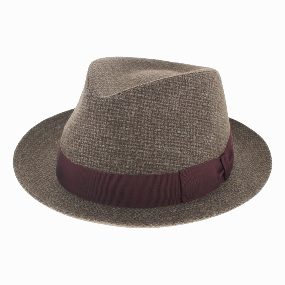 Belfry Santino brown fedora with stingy brim and plum band, perfect for summer styling