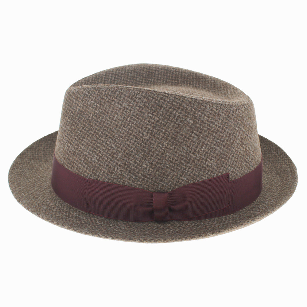 Brown wool and cashmere fedora with stylish plum accent, lightweight for warm weather wear