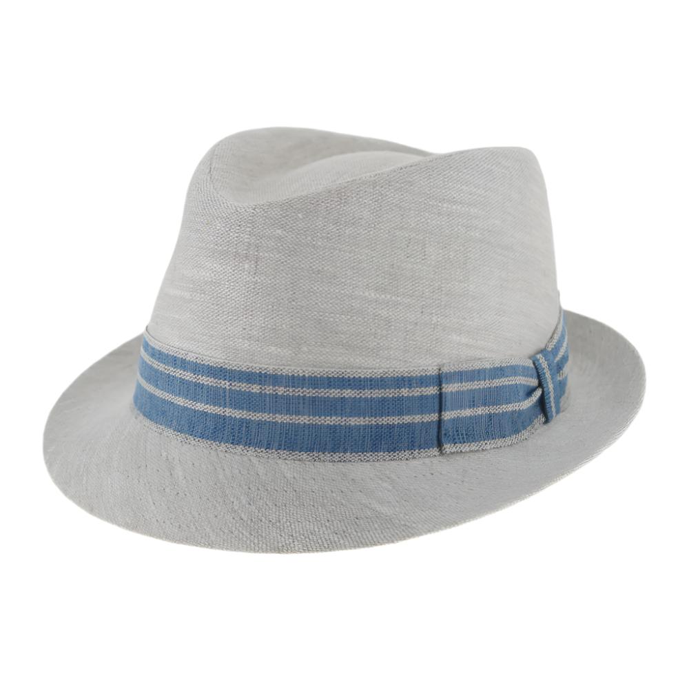 Natural Belfry Fino trilby in 100% Italian linen with teardrop crown, sky blue striped band, and pre-snapped brim for classic spring style