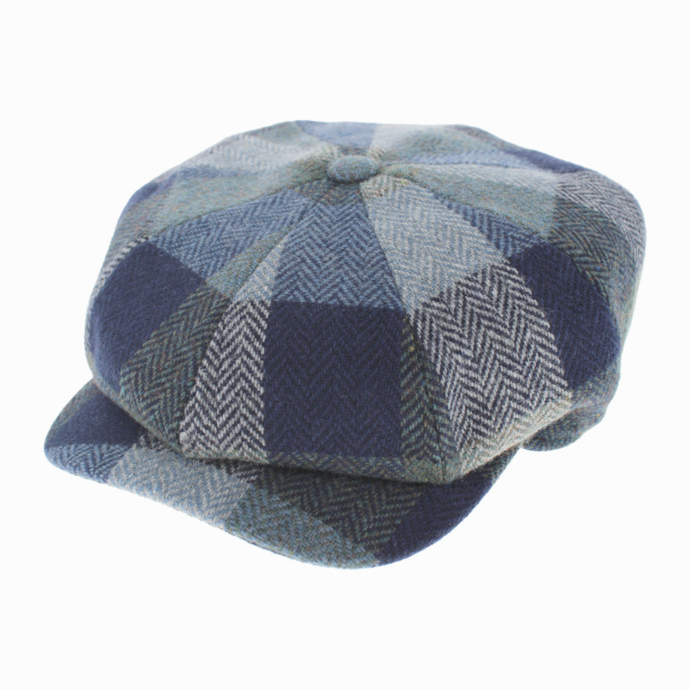 Wigens Gil retro newsboy cap in navy 509 Magee Donegal wool tweed with patchwork herringbone design