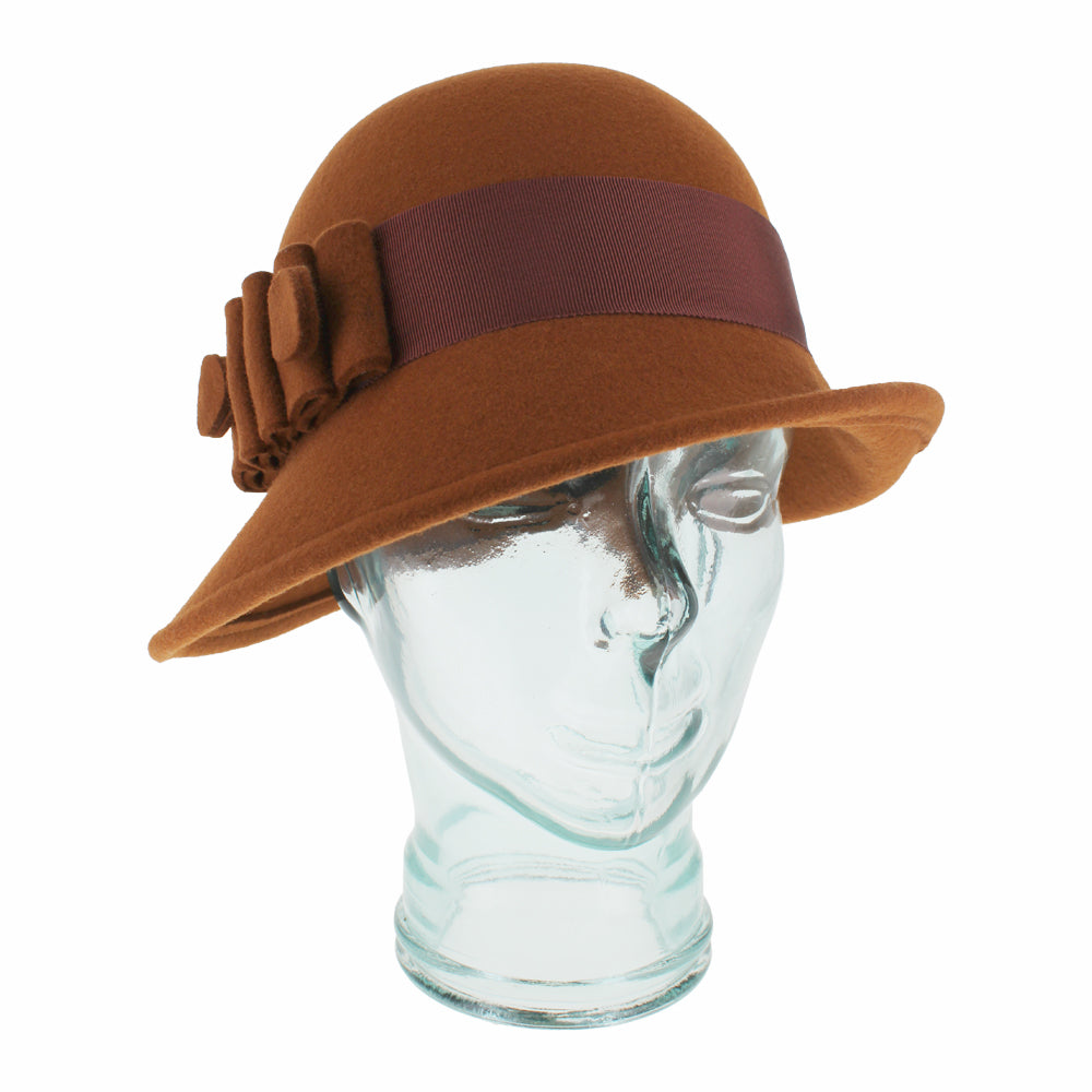 Belfry Ginny cloche hat in rich rust wool, featuring wide grosgrain ribbon band, felt bow, and hat pin accent, a chic choice for autumn and winter outfits
