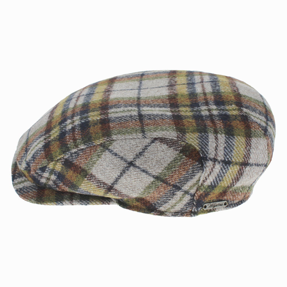 Classic Wigens Hugo ivy flat cap in mustard plaid, flannel cotton lined interior