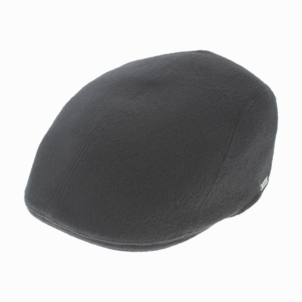 Wigens Kendal black cashmere ivy cap with short curved peak, Lanificio Campore fabric