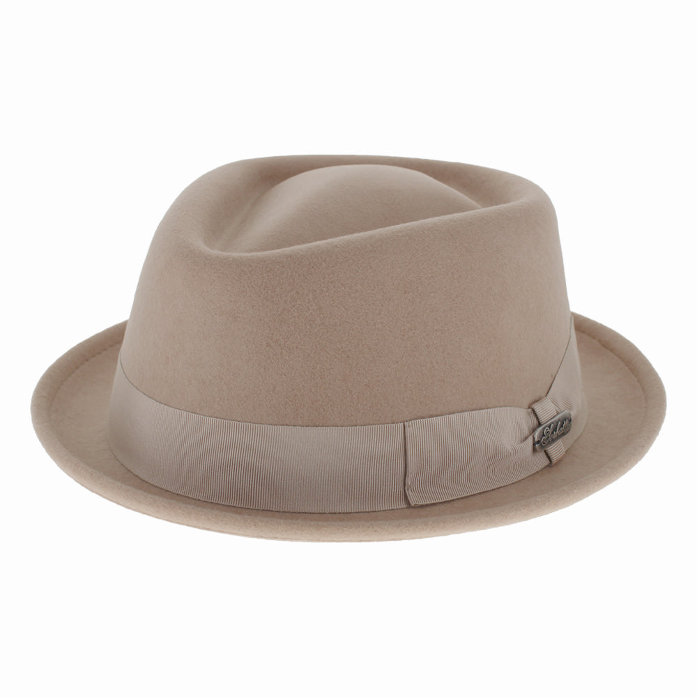 Belfry Lecce pork pie hat in blush wool with hand-dyed grosgrain ribbon, perfect for summer elegance
