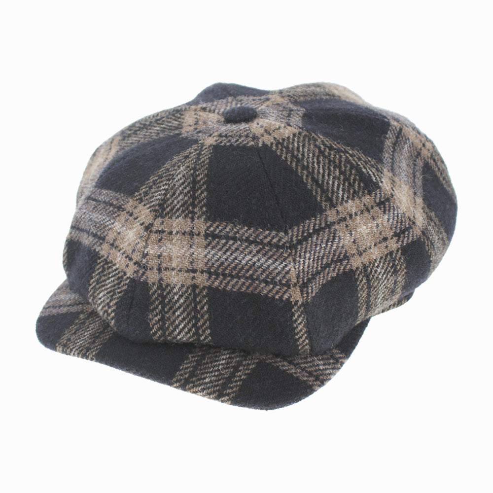 Wigens Lukas black plaid 999 newsboy cap, 8-panel wool design with polyester lining for winter wear