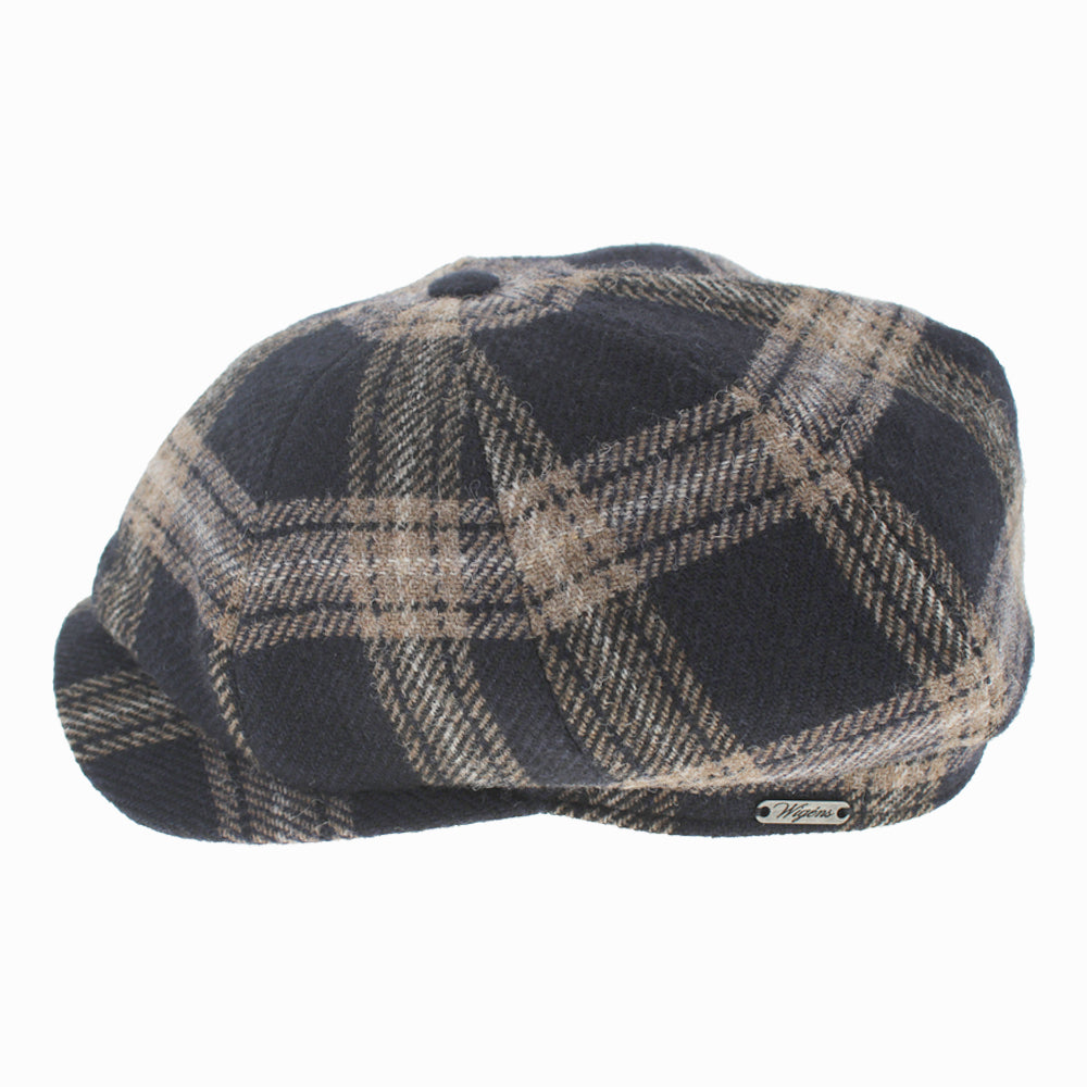 Classic Wigens Lukas newsboy cap in black plaid wool from Subalpino Mill, stylish autumn accessory