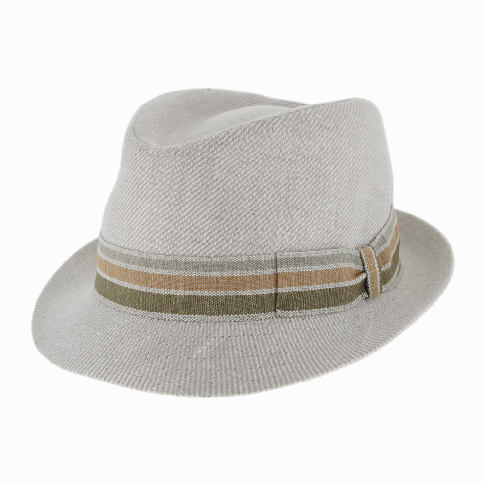 Linen trilby hat in natural color by Belfry Italia, featuring shape-retentive blocked design and woven striped ribbon trim