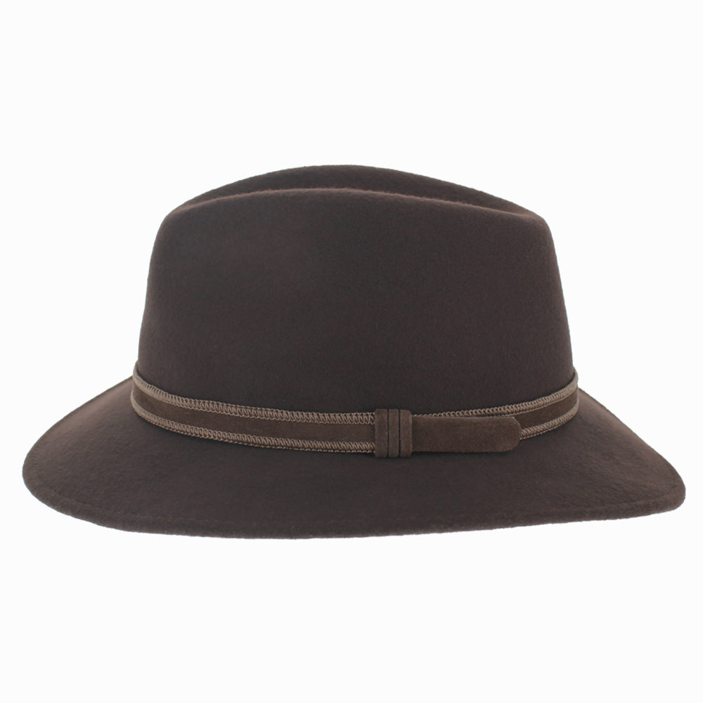 Classic safari style hat in brown wool felt featuring a center dent crown