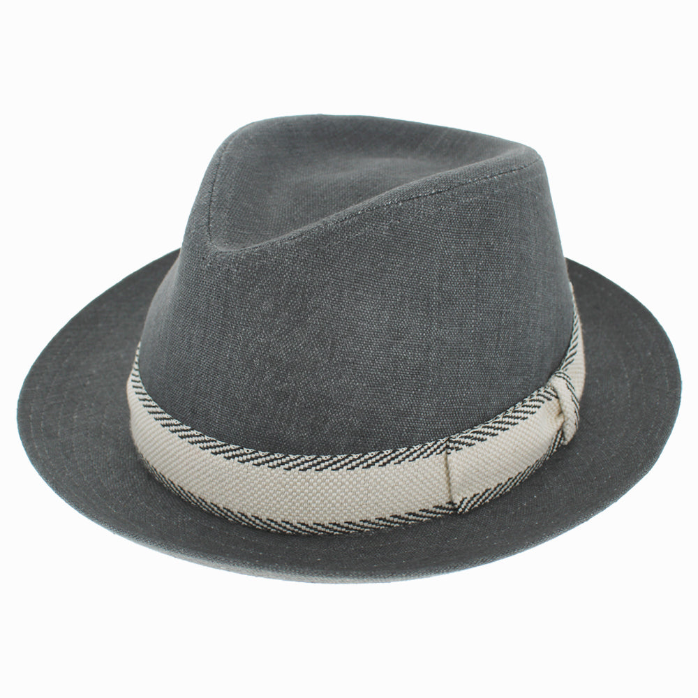 Front view of Belfry Livorno stingy brim fedora in anthracite linen with textured woven cotton band