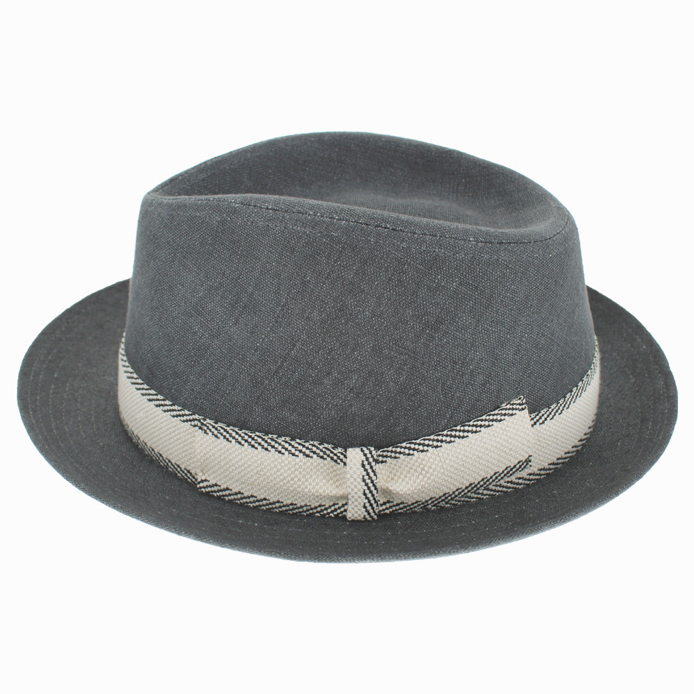 Angled side profile of Belfry Livorno anthracite gray linen fedora, ideal for multi-season wear