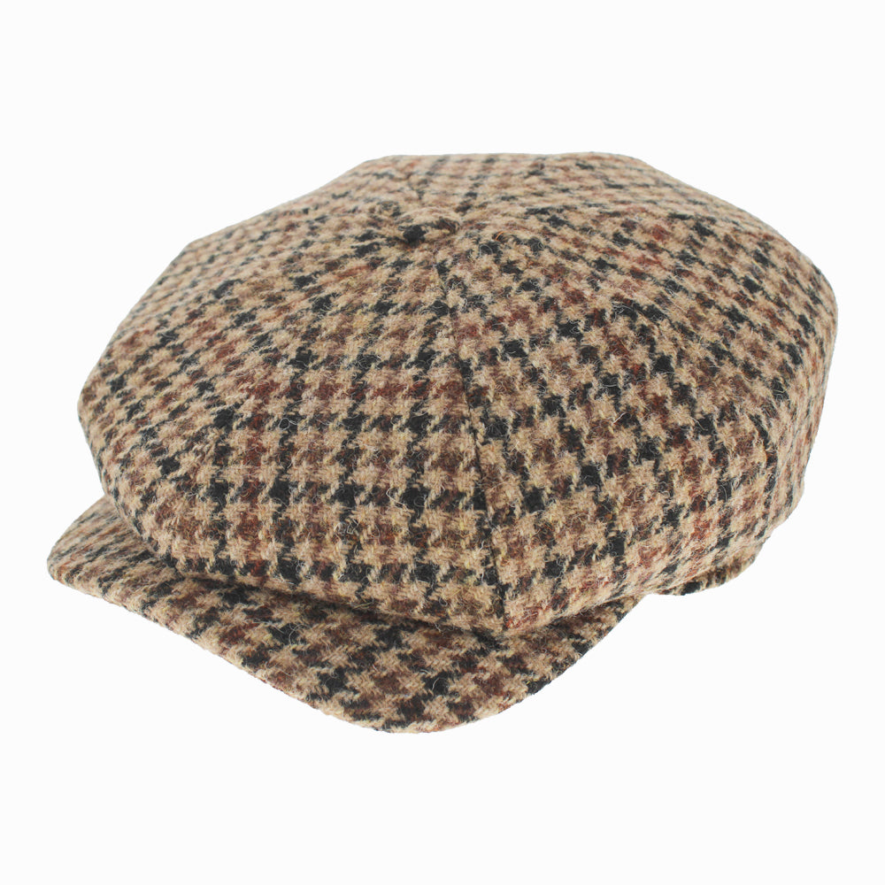 Wigens Murray brown Harris Tweed wool newsboy cap in houndstooth pattern, retro cut