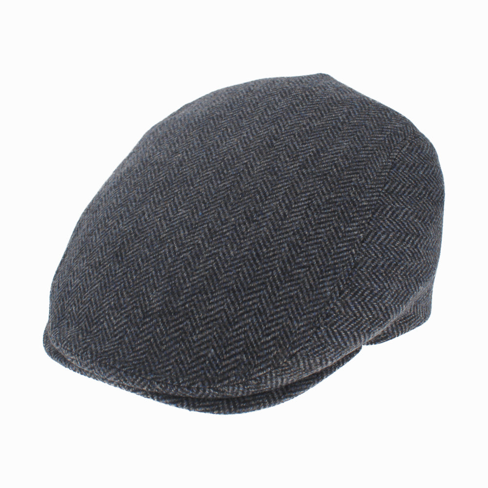 Belfry Quinto blue herringbone wool-cashmere flat cap, handcrafted in Montappone Italy