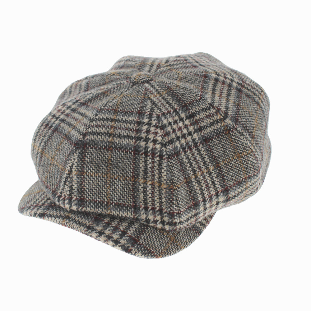 Wigens Roman grey check newsboy cap in Merino wool tweed, Moon Mills English fabric
