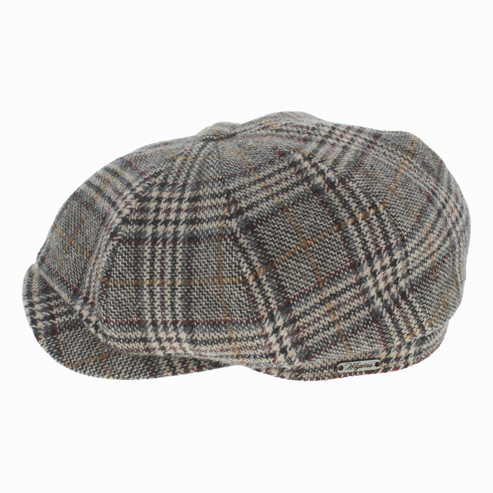 Classic Wigens Roman grey glen check newsboy hat, vintage-inspired full profile
