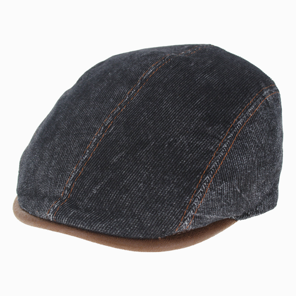 Belfry Sirocco black denim corduroy ivy cap with brown leather trim and stitching accents