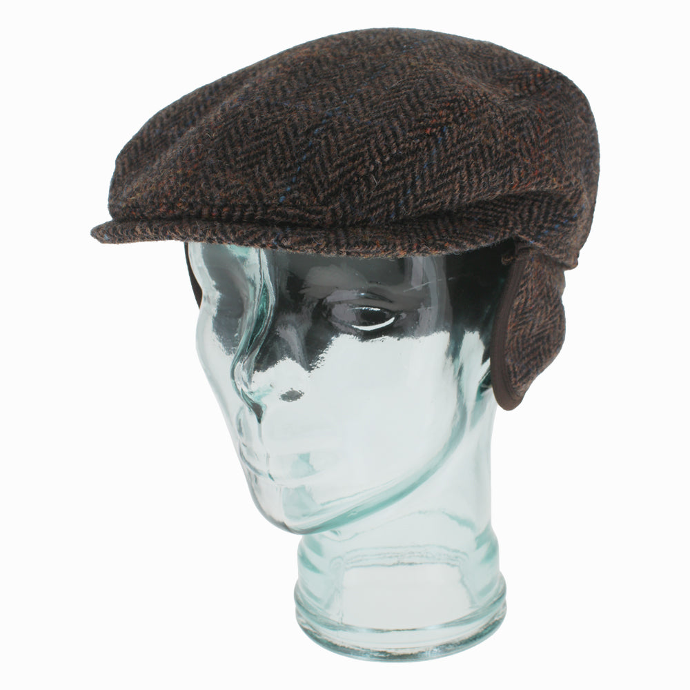 Classic Wigens Winston ivy cap in dark brown herringbone check, Harris Tweed wool