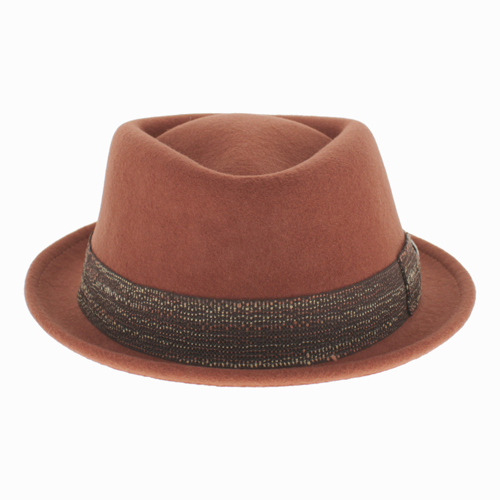 Orange wool pork pie hat with diamond crown and textured band, ideal for warm-weather outings