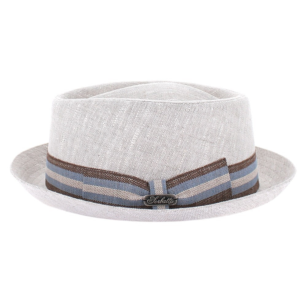 Natural linen pork pie hat featuring moisture-wicking band and summer-ready silhouette