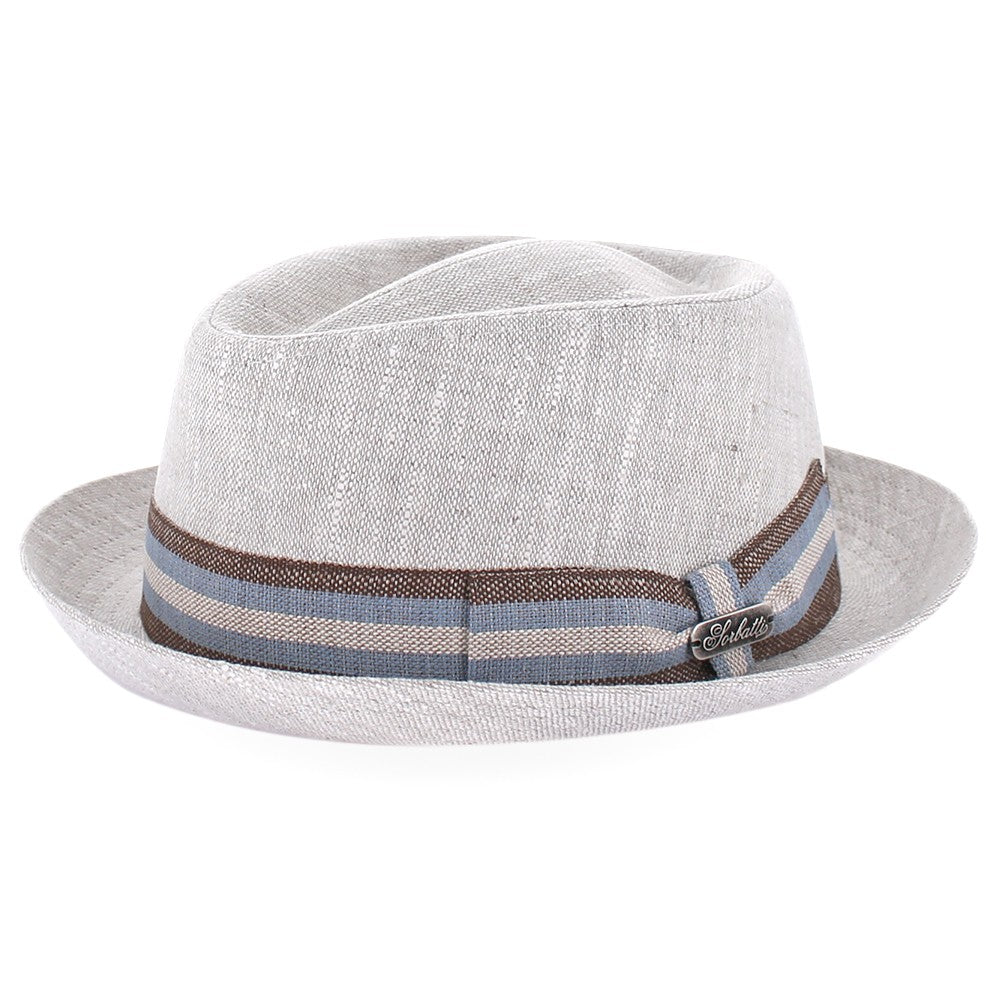 Belfry Alvo pork pie hat in natural linen with diamond crown and lightweight design