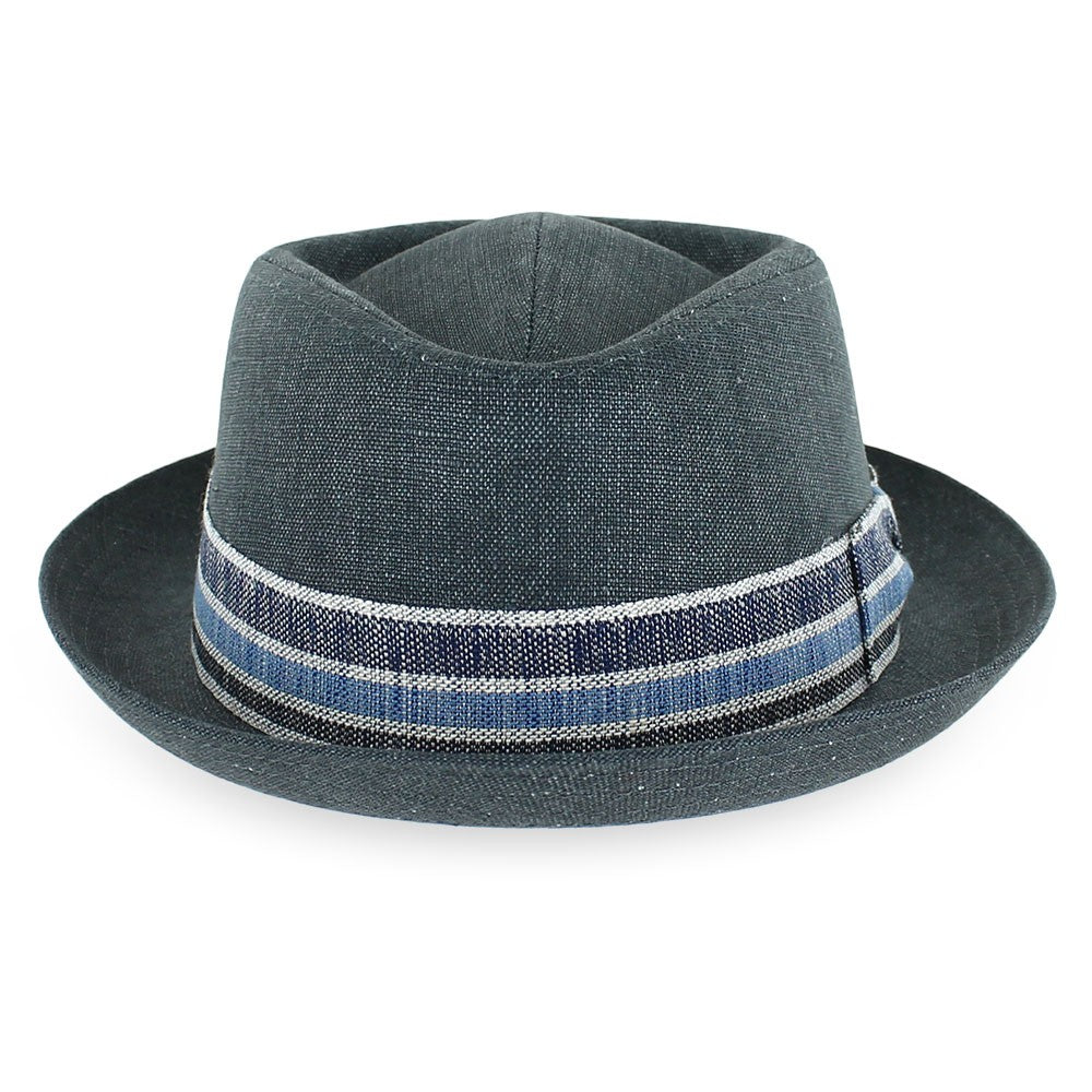 Anthracite linen pork pie hat with navy and ocean blue accent band, perfect for summer