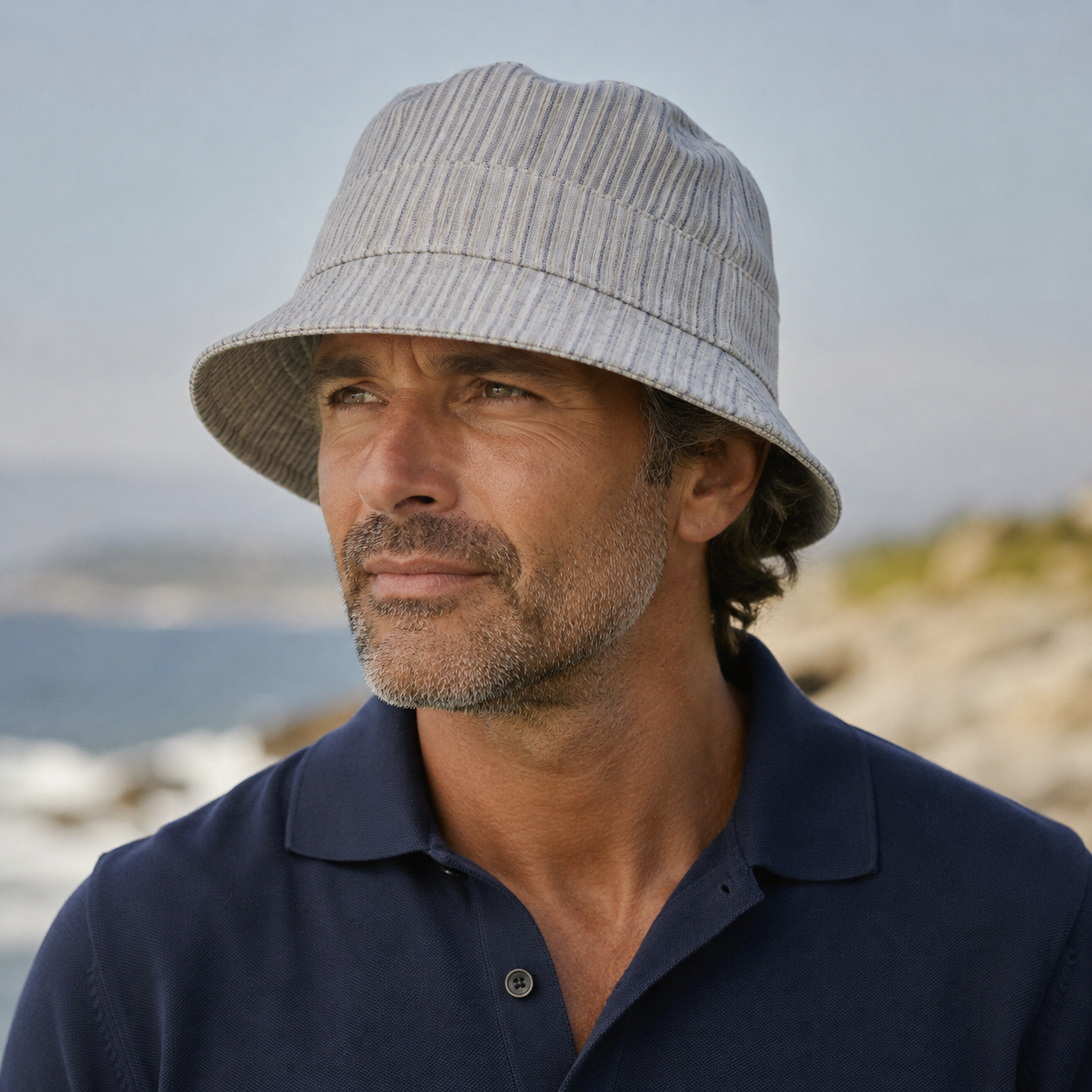 Man is striped bucket hat