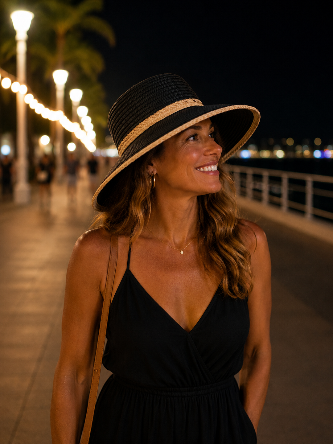 Woman in black dress and hat walking at night