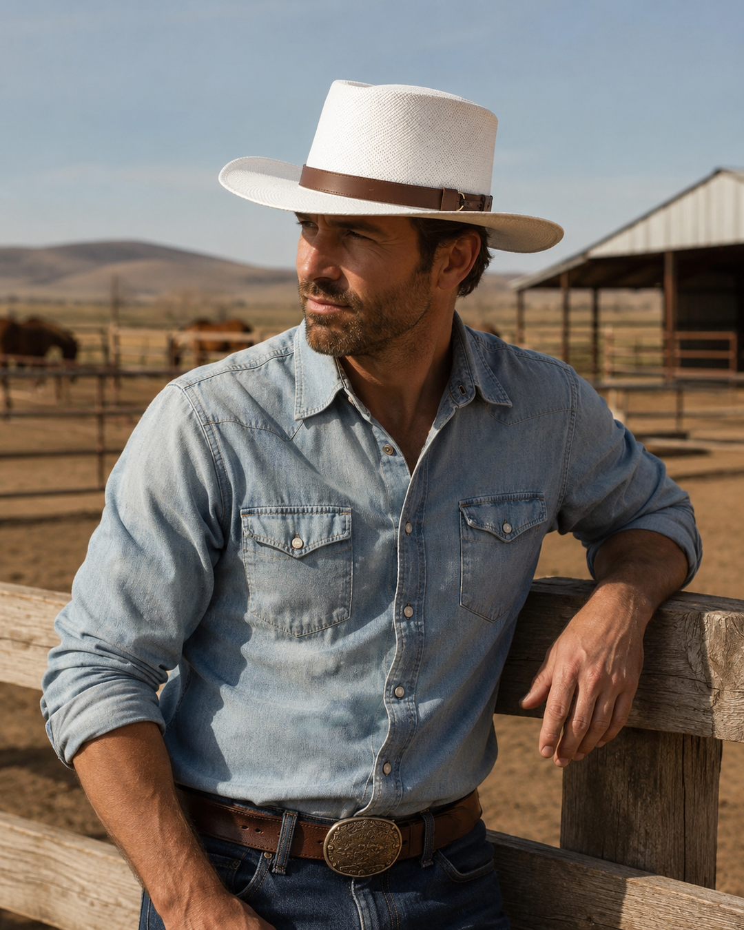 Panama Gambler hat on man in denim shirt