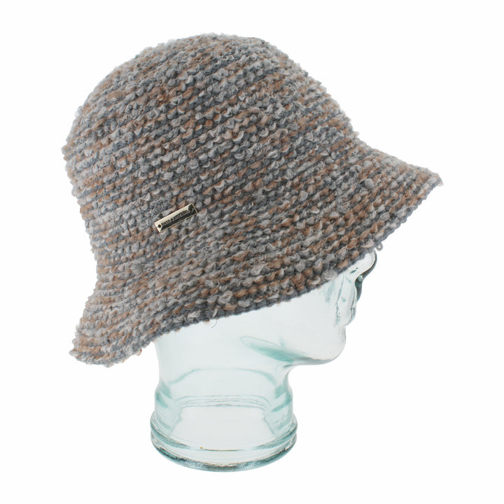 Side view of Belfry Adelma grey bucket hat showing relaxed shape and lightweight knit