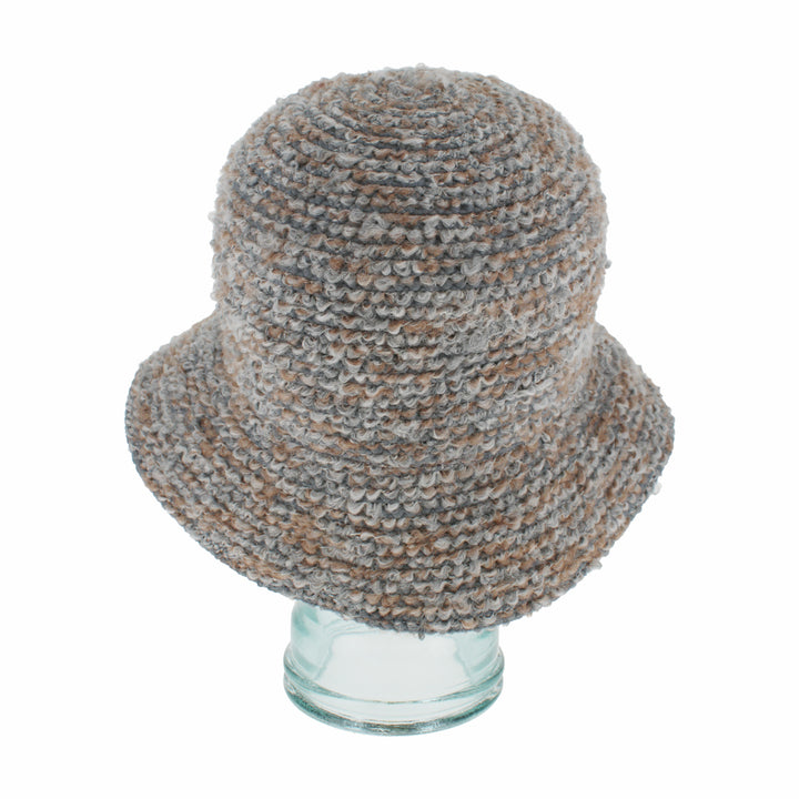 Top view of Belfry Adelma grey knit bucket hat with flexible, portable structure