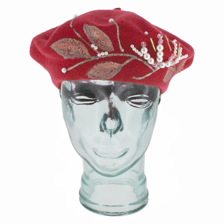 Artistic Belfry Italia Amadore tam in red wool, handcrafted luxury hat with pearl embellishments