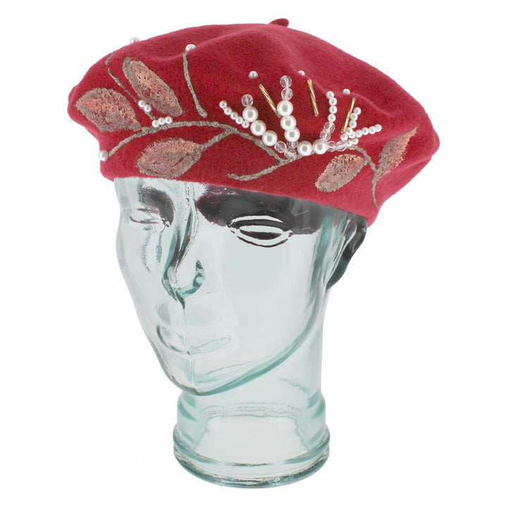 Belfry Amadore red wool tam with hand-painted details and pearls, luxury Italian fall and winter accessory