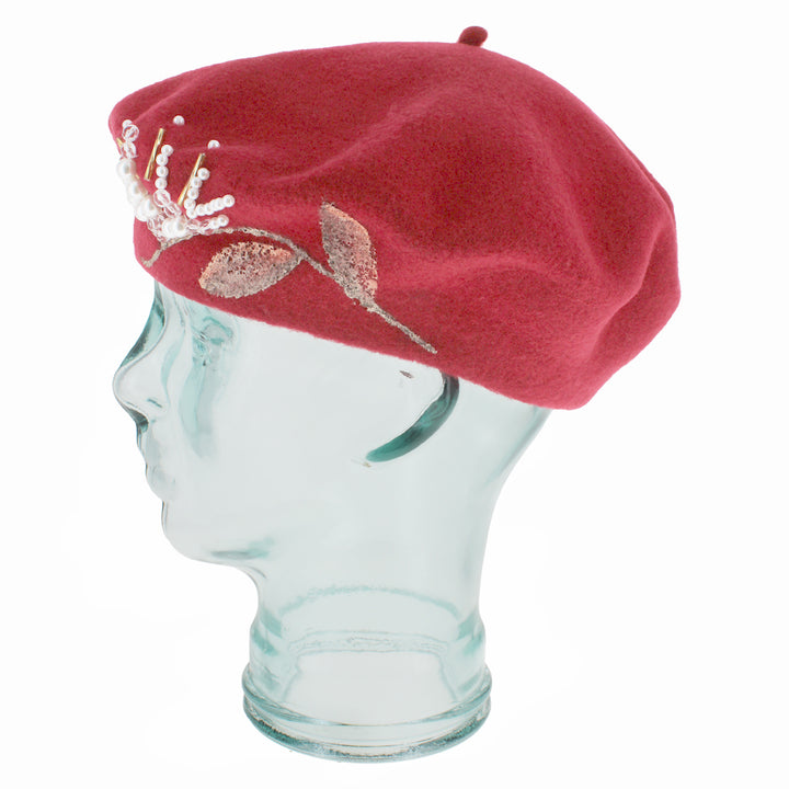 Red Belfry Amadore wool tam hat, hand-painted artistic design with pearl embellishments for winter fashion