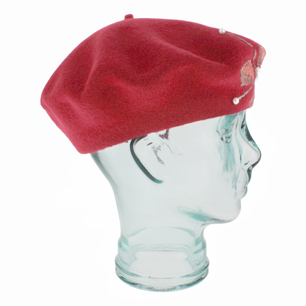 Belfry Amadore red wool tam, Italian artisan-crafted headwear with unique hand-painted accents