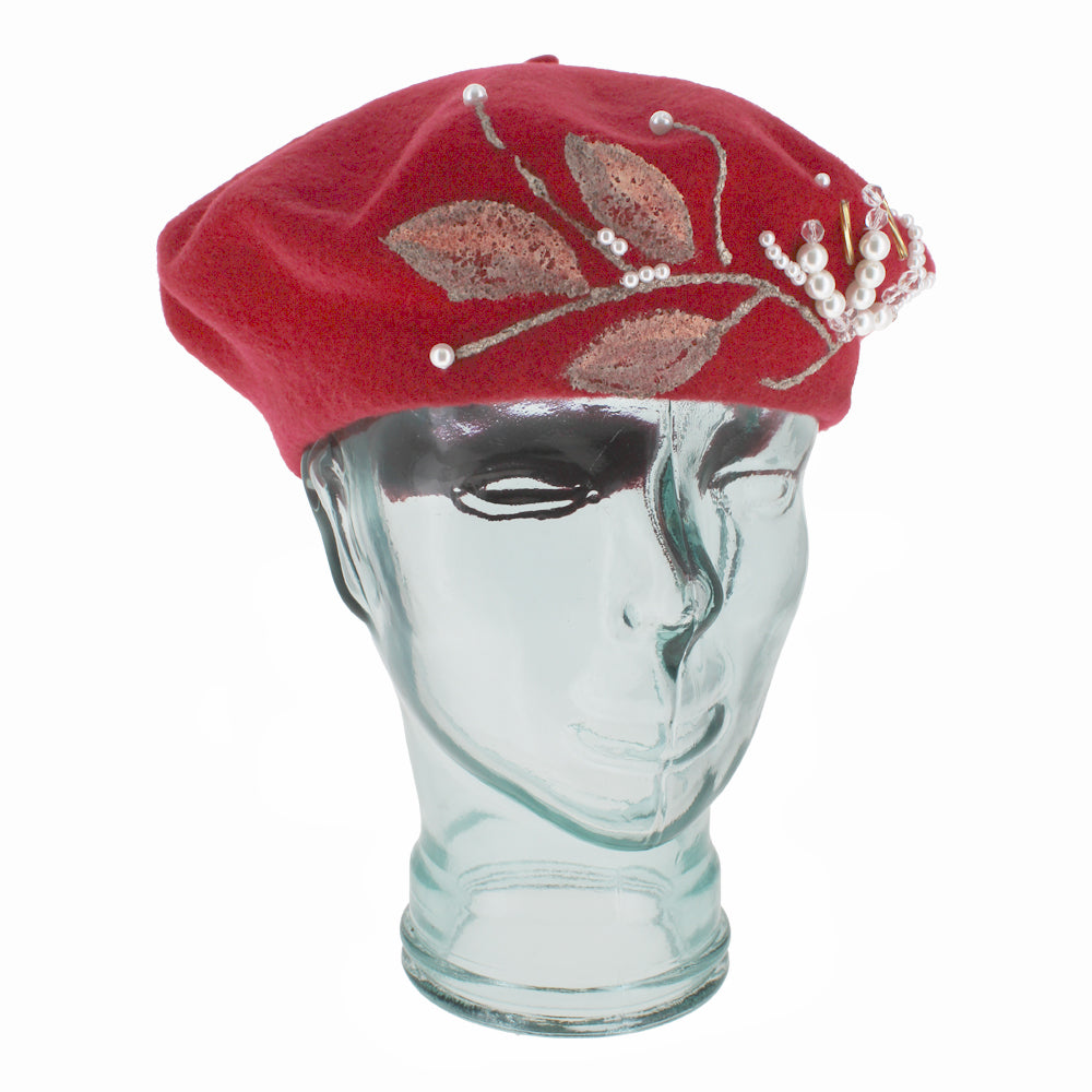 Bold red Belfry Amadore tam in soft wool, pearl-trimmed design perfect for elegant autumn and winter looks
