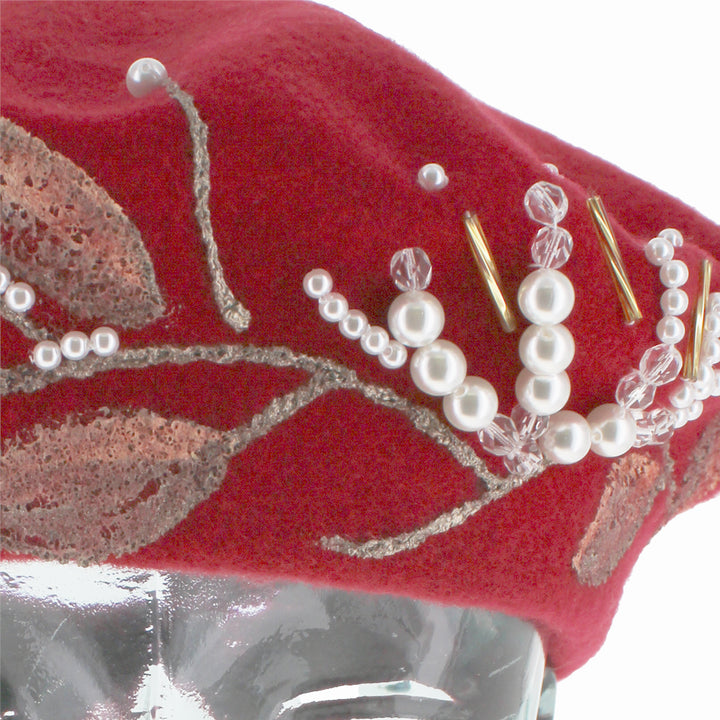 Elegant Belfry Italia Amadore tam in bold red wool, handcrafted in Italy with pearl accents