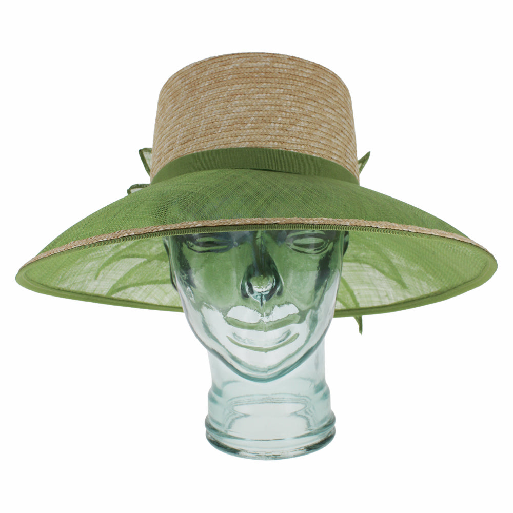 Green lampshade hat with sinamay brim designed for spring and summer wear