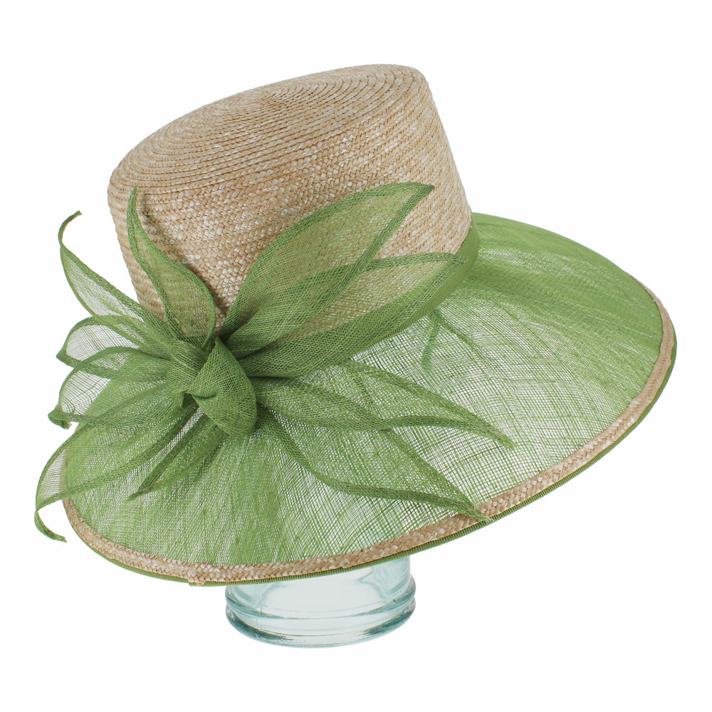 Green lampshade hat with golden wheat straw crown and sinamay brim for elegant styling