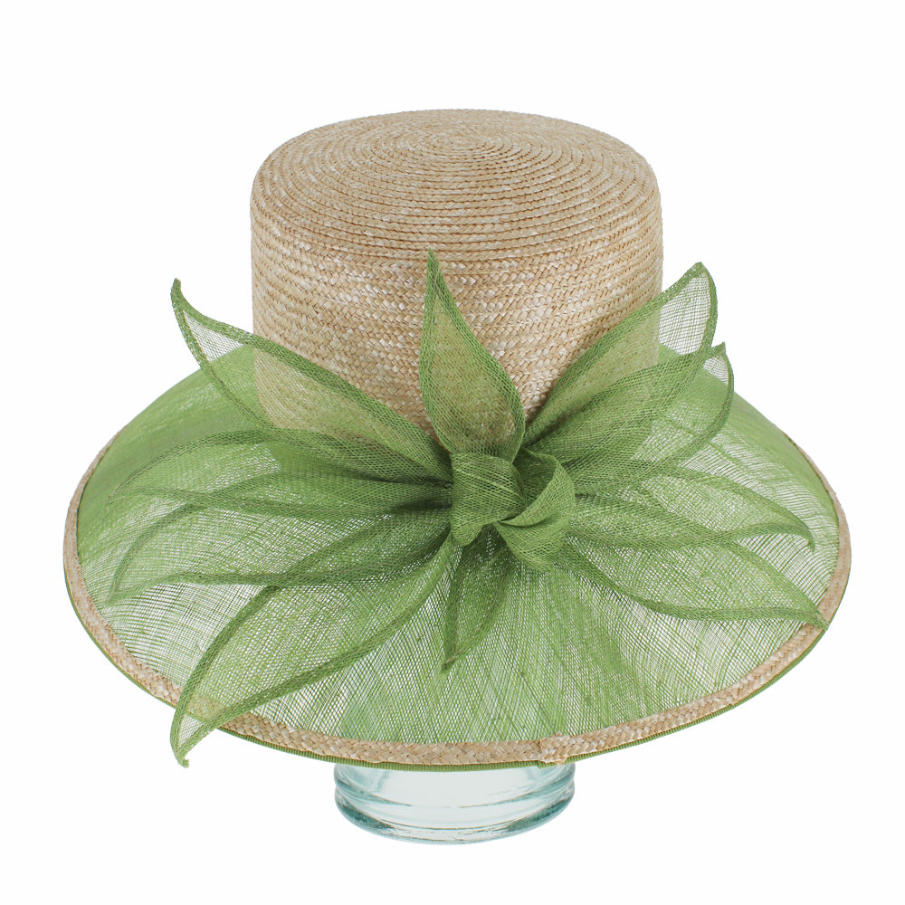 Lightweight green lampshade hat with braided crown and graceful sinamay brim