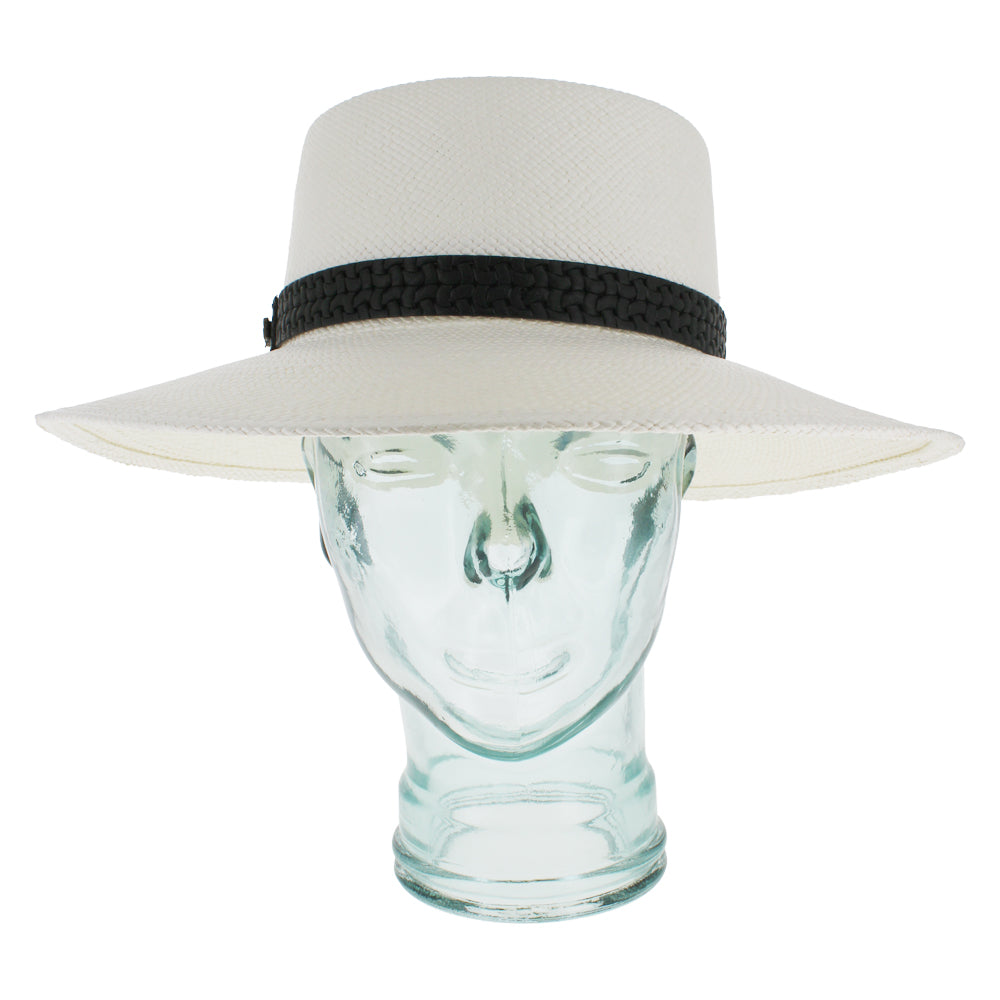 Black Panama straw boater hat designed for summer events and outdoor styling