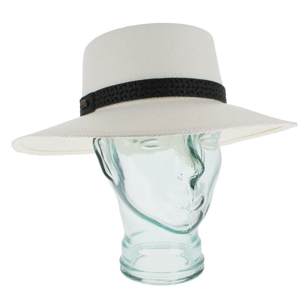 Black Panama straw boater hat with structured flat crown and lightweight breathable design