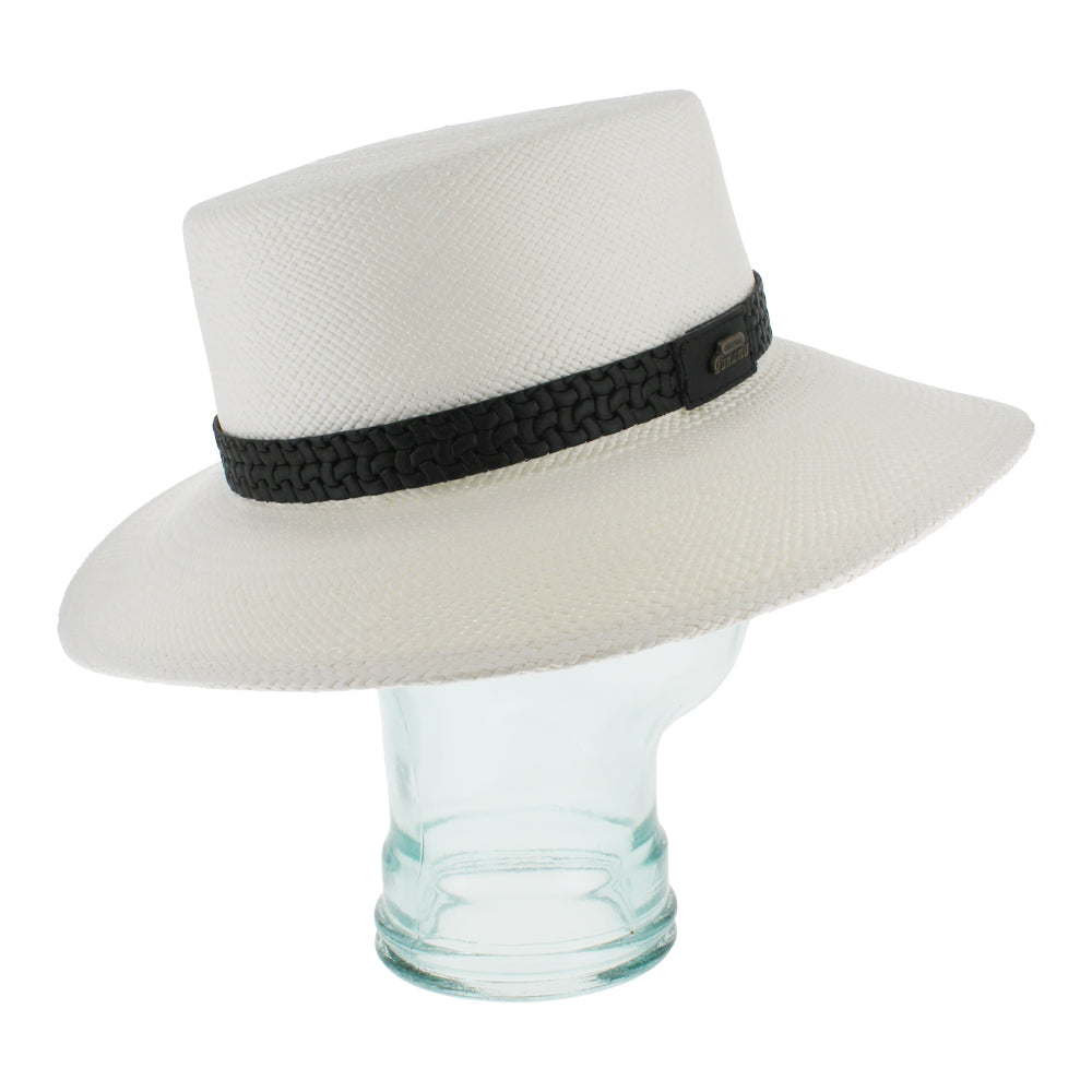 Black boater hat in genuine Panama straw with breathable lightweight summer comfort