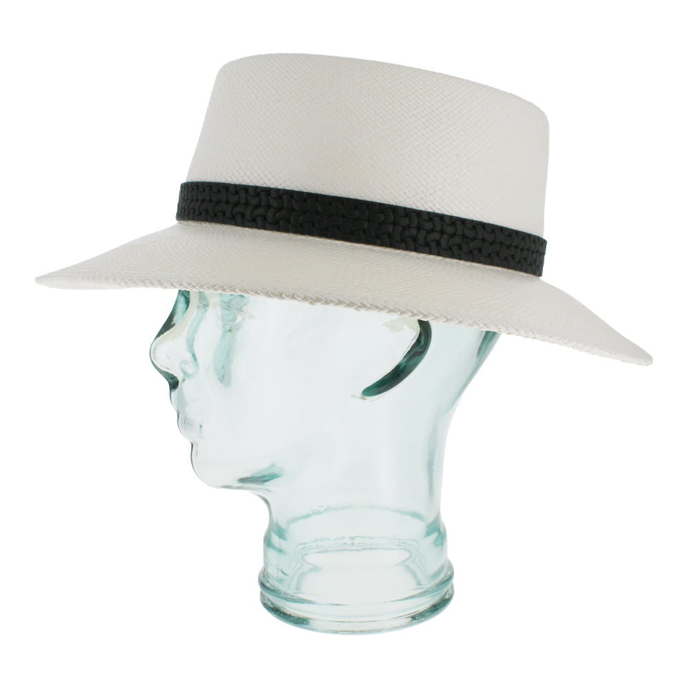 Black Panama straw boater hat with classic flat brim and durable breathable construction