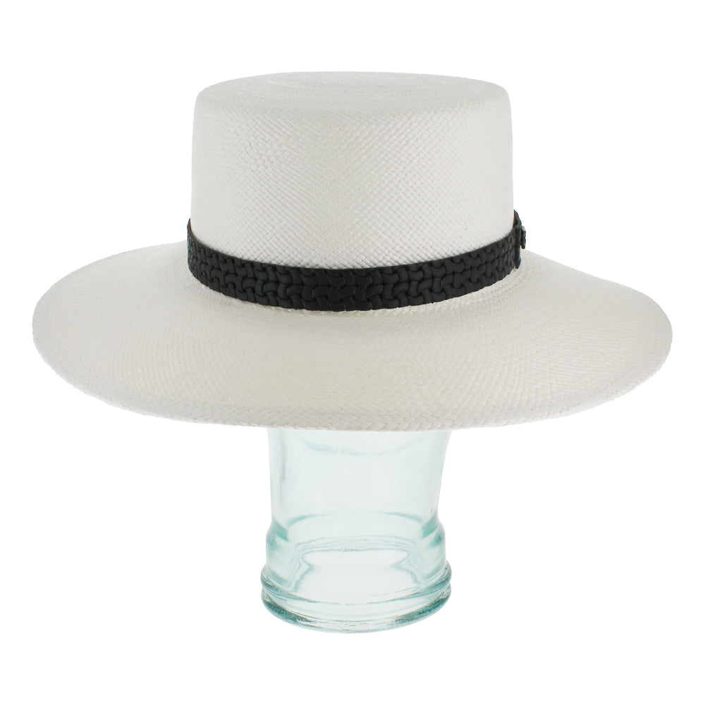 Lightweight black Panama straw boater hat with structured crown for elegant styling