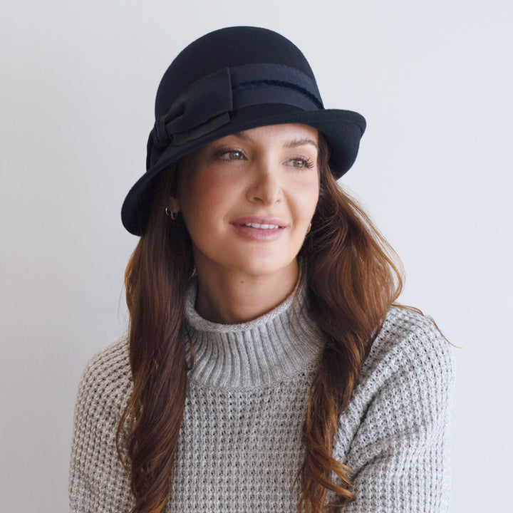 Belfry Ardea blue wool cloche with asymmetrical brim and velvet-accented grosgrain band