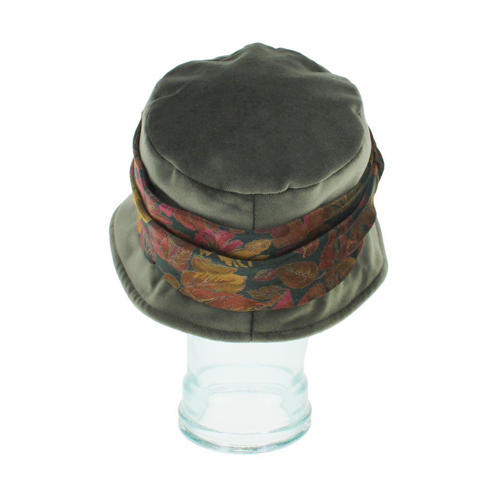 Top view of Belfry Aronne olive hat highlighting textured cotton and velvet detail