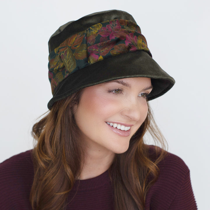 Belfry Aronne olive bucket hat with floral velvet band and fully lined cotton interior