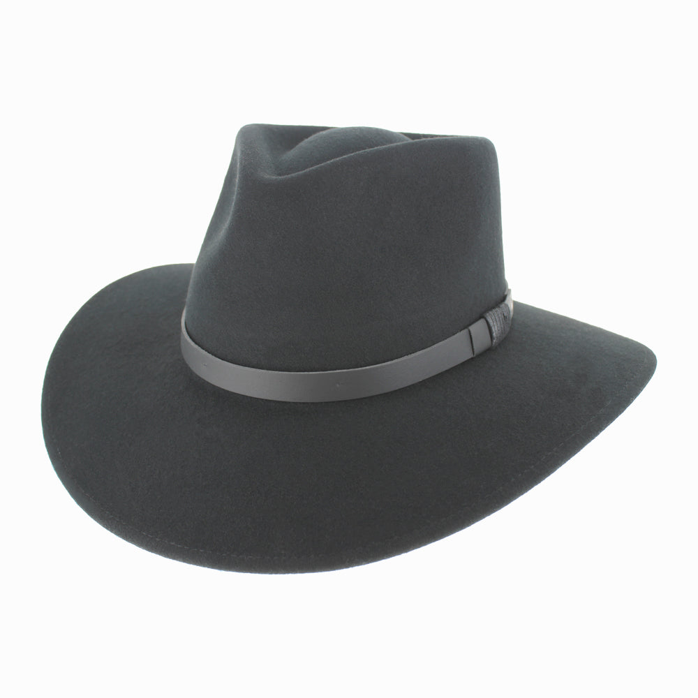 Side view of Black wool Alejandro safari hat showing wide brim and sturdy shape for fall winter adventures